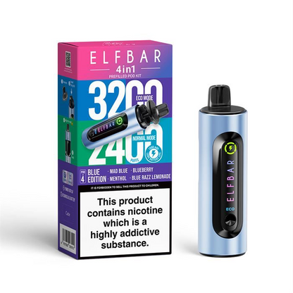 ElfBar 3200 / 2400 Puff 4 in 1 Pre-filled BIG PUFF Rechargeable Disposable Pod Kit - 20mg