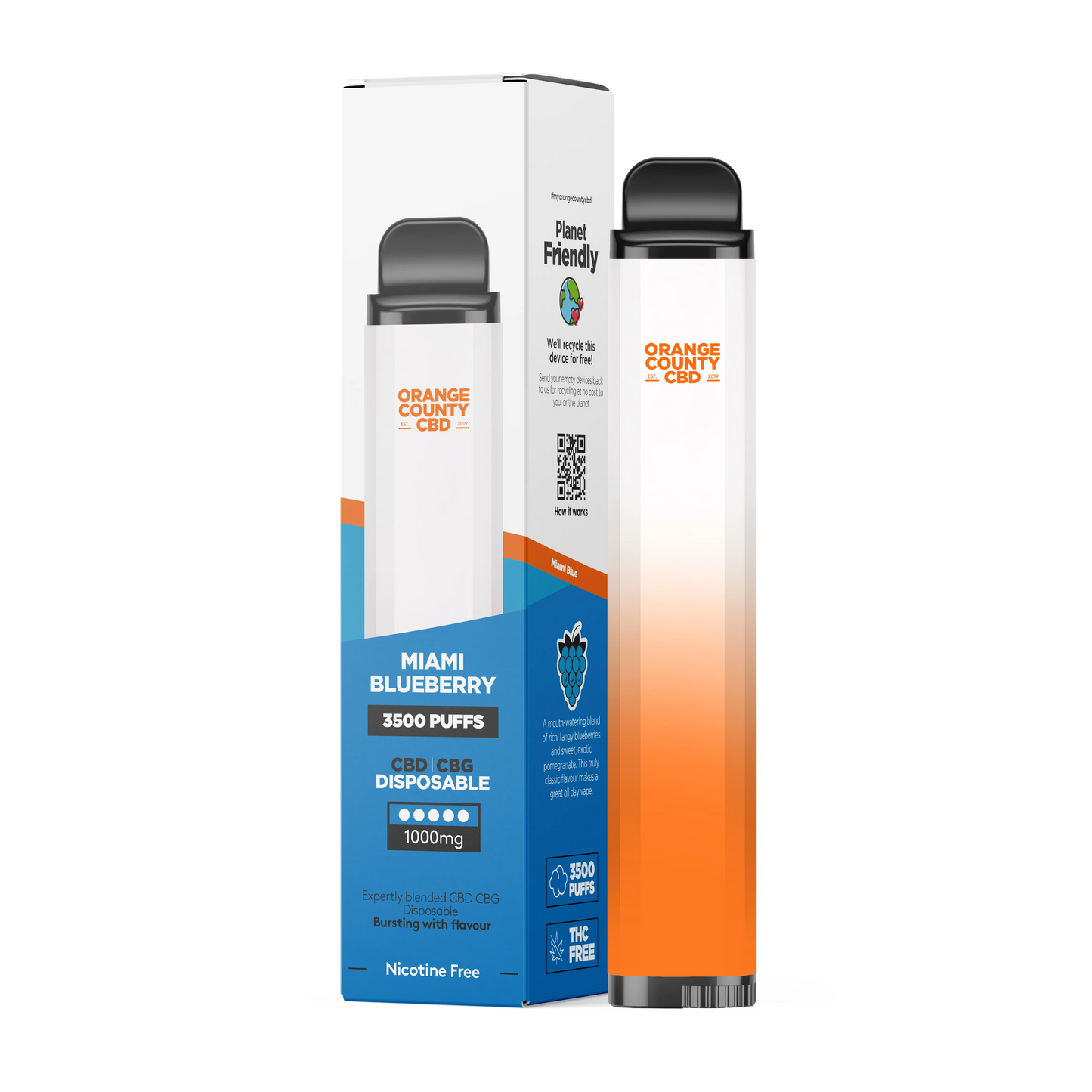 *Clearance Discount! Orange County CBD/CBG Disposable BIG PUFF Vape Kit 1000mg (600mg CBD/400mg CBG) ZERO Nicotine 3500* Puff