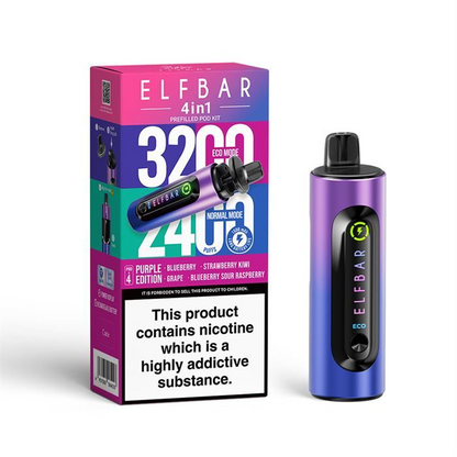 ElfBar 3200 / 2400 Puff 4 in 1 Pre-filled BIG PUFF Rechargeable Disposable Pod Kit - 20mg