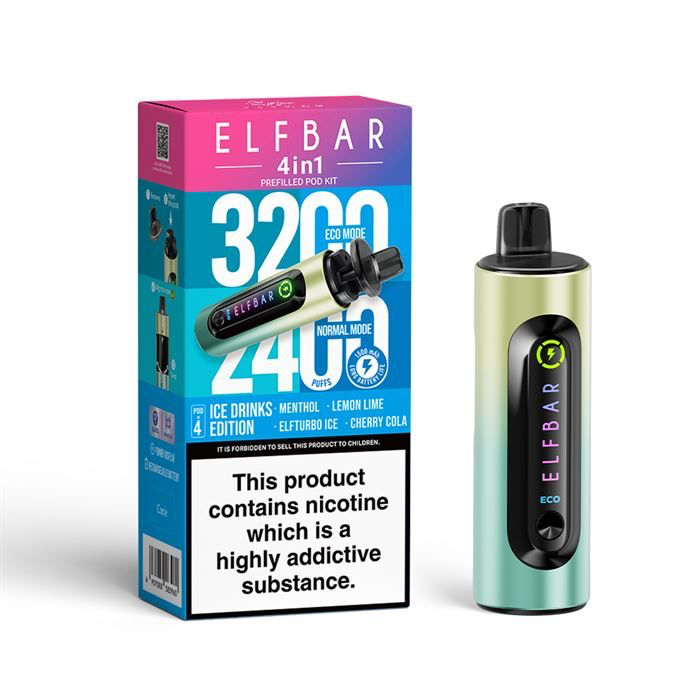 ElfBar 3200 / 2400 Puff 4 in 1 Pre-filled BIG PUFF Rechargeable Disposable Pod Kit - 20mg