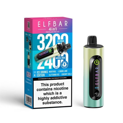 ElfBar 3200 / 2400 Puff 4 in 1 Pre-filled BIG PUFF Rechargeable Disposable Pod Kit - 20mg