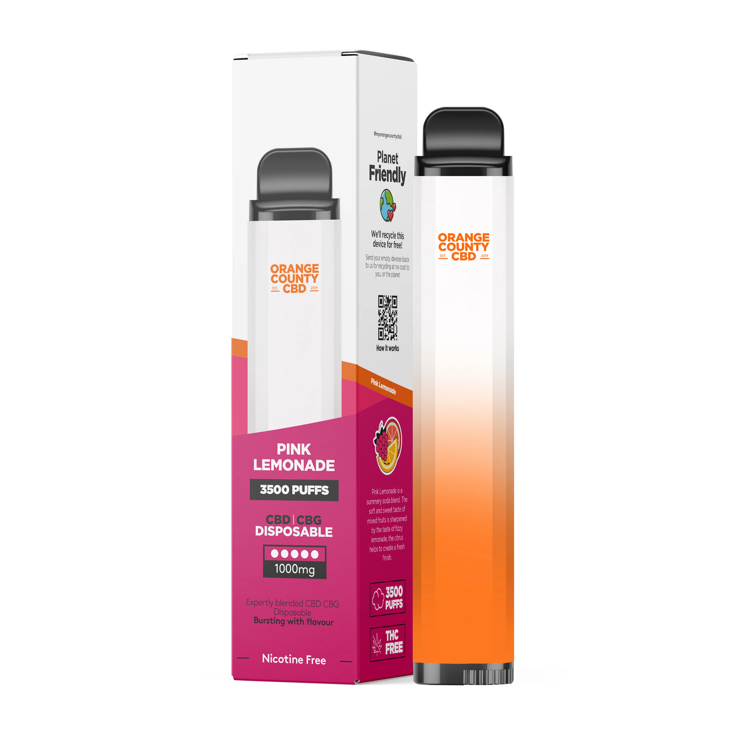 *Clearance Discount! Orange County CBD/CBG Disposable BIG PUFF Vape Kit 1000mg (600mg CBD/400mg CBG) ZERO Nicotine 3500* Puff