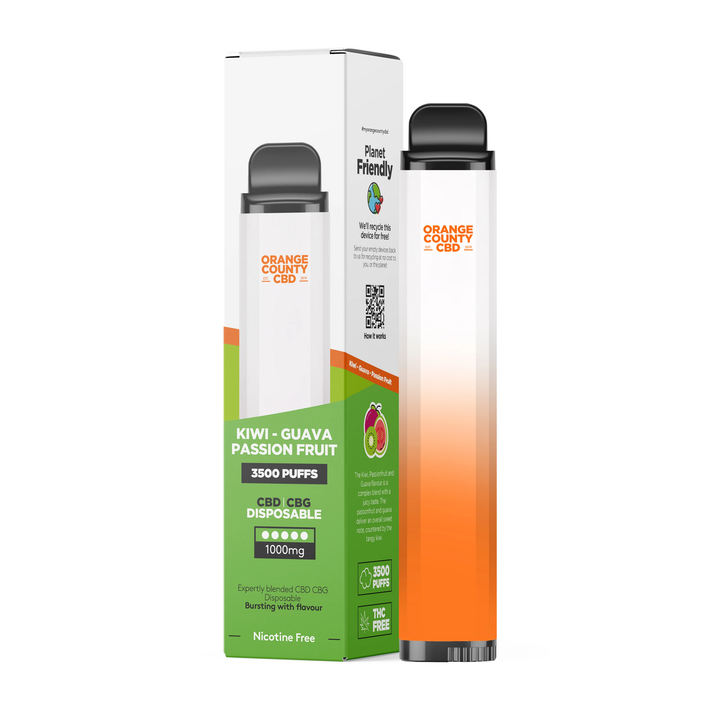 *Clearance Discount! Orange County CBD/CBG Disposable BIG PUFF Vape Kit 1000mg (600mg CBD/400mg CBG) ZERO Nicotine 3500* Puff